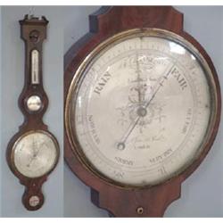 A George III mahogany wheel barometer with damaged swan's neck pediment, thermometer, convex mirr...