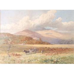 Harry Sutton Palmer (1854-1933) watercolour, Harvesters in a Scottish landscape, signed and dated...