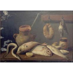Spanish School, oil on wooden panel, still life of fish and pots on a table, initialled M.A.M, '7...