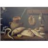 Image 1 : Spanish School, oil on wooden panel, still life of fish and pots on a table, initialled M.A.M, '7...
