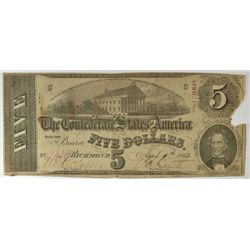 CONFEDERATE $5.00 NOTE 1863 FAIR-GOOD