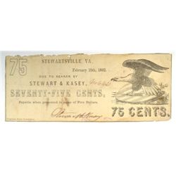 1862 SEVENTY FIVE CENT STEWARDSVILLE, VA NOTE