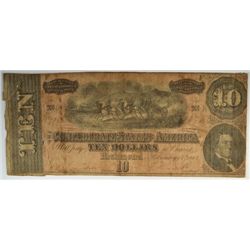 CONFEDERATE $10.00 NOTE 1864 VG-F