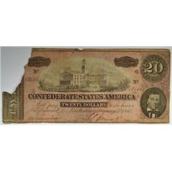 CONFEDERATE $20.00 NOTE 1864 TORN