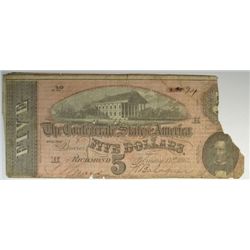 CONFEDERATE $5.00 NOTE 1864 TORN