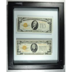 1928 $10.00 GOLD CERT XF+, 1928 $20.00 GOLD CERT XF IN FANCY FRAME