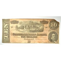 CONFEDERATE $10.00 NOTE 1864 FAIR-GOOD