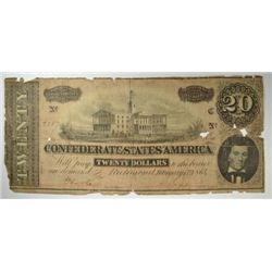 CONFEDERATE $20.00 NOTE 1864 FAIR-GOOD