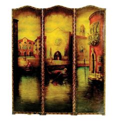 Continental Victorian painted leather three-panel