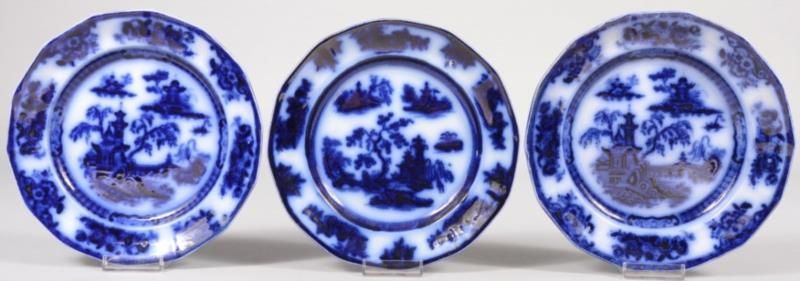 Three Fourteen Sided Rim Flow Blue plates