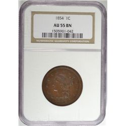 1854 LARGE ONE CENT NGC AU55 BEAUTIFUL!