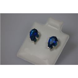 PEAR BLUE ZIRCON CZ STUD EARRINGS . 925 STERLING SILVER