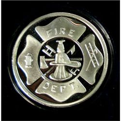 "SALUTE TO FIRE DEPTS" ON A ONE OUNCE .999 SILVER ART ROUND IN CAPSULE/ GIFT BOX