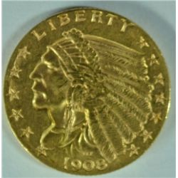 1908 $2.50 INDIAN GOLD, MS-63 FROSTY SCARCE DATE, NICE LUSTER