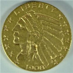 1908-S $5.00 INDIAN GOLD, RARE DATE, AU-58  LOOKS UNCIRCULATED, VERY SCARCE