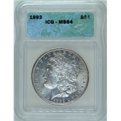 1893 MORGAN SILVER DOLLAR, ICG MS-64 BLAST WHITE, SCARCE, SUPER NICE