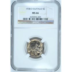1938-D BUFFALO NICKEL, NGC MS-66 SUPERB