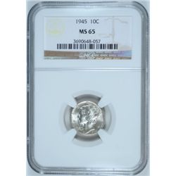 1945 MERCURY DIME, NGC MS-65 GEM