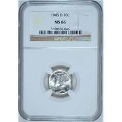 1945-D MERCURY DIME, NGC MS-66 SUPERB