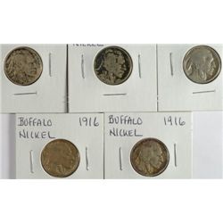5-1916 BUFFALO NICKELS "GRADING SET" (AG,GOOD,VG,FINE,VF)
