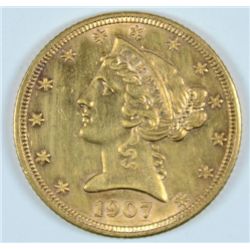 1907-D $5.00 LIBERTY GOLD AU 58 NICE