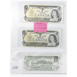 3 1973 canadian one dollar bank notes, all 3 in