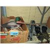 Image 1 : Shelf lot of assorted tools, loggers boots, axe