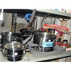 Shelf lot of cooking pots, cook books, household