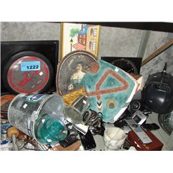 shelf lot of collectables and household items