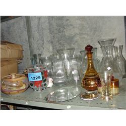 shelf lot of assorted glass vases etc
