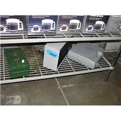 Shelf lot of misc; electric heater, plastic visor