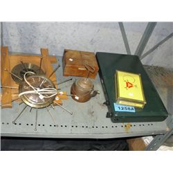 Shelf lot of misc; coleman propane camp stove