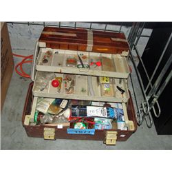 Brown and beige fishermans tackle box and contents