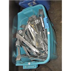 Blue plastic storage bin of carpenters joist