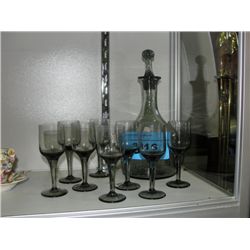 10pc midcentury smoked glass liqour decanter set