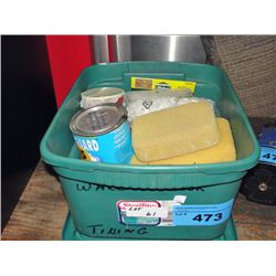 Plastic tote of wall and floor tile tools and
