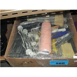 Box of 6 paint trays and misc brushes and rollers