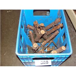 Blue milk crate with lot of hand made garden tools