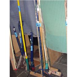 7 brooms, 2 rakes, 1 hoe