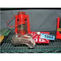 small bench vice, oil lantern and pair of safety