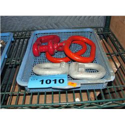 Small blue basket of metal hoist line connectors