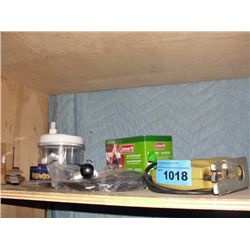 shelf lot of misc items; bbq tools, jig saw, etc