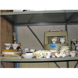Shelf lot of assorted english bone china; cups