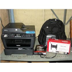 Shelf lot of misc items; desk top printer, TV