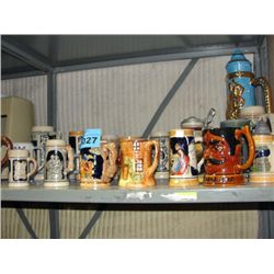 Shelf lot filled with assorted german beer steins