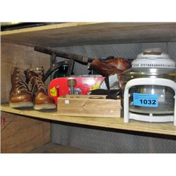 Shelf lot of misc; skateboard, work boots, cooker