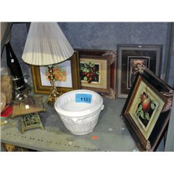 Shelf lot of framed pictures, prints, bowl and a