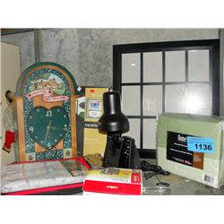 Shelf lot of misc items; sheet set, jewelery box