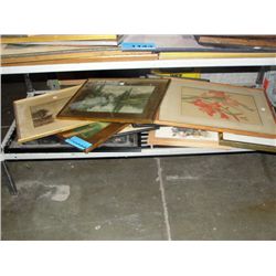 Shelf lot of framed pictures prints and original