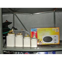 Shelf lot of kitchenwares; microwave, canister set